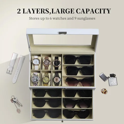 Vista 4 de AUTOARK AW-131 - Caja de cuero para 6 relojes, joyero y 9 piezas para guardar lentes de sol y lentes de sol, cajón organizador con cerradura