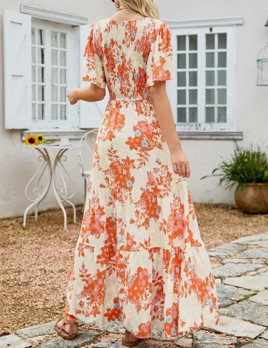 Vista 3 de ZESICA Vestido largo casual de verano para mujer, con estampado floral, manga corta con vuelo, cuello redondo, cintura alta fruncida