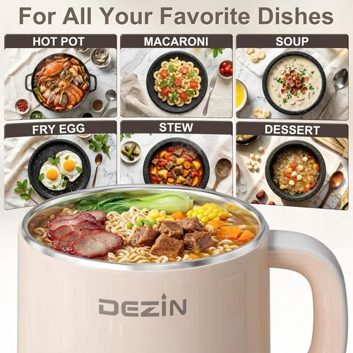 Vista 5 de Dezin - Olla caliente eléctrica, cocina rápida de fideos, mini olla de acero inoxidable perfecta para ramen, huevos, pasta, bolas de masa hervida