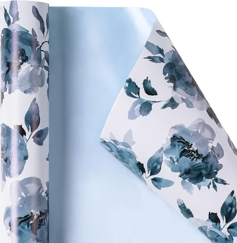 Vista 7 de RUSPEPA Papel de regalo reversible floral para niñas y mujeres, mini rollo, acuarela azul floral y azul sólido papel de regalo para cumpleaños