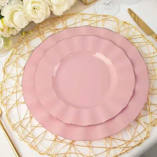 Vista 71 de Tableclothsfactory Paquete de 10 platos redondos de plástico negro de 6 pulgadas para ensalada de postre, platos desechables con borde ondulado