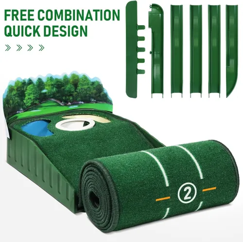 Vista 5 de Alfombrilla de golf verde para interiores y exteriores con retorno de pelota y 3 agujeros, mejora la precisión y la velocidad, duradero, resistente