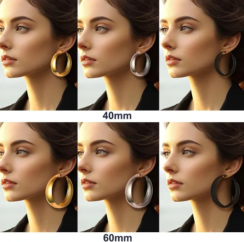 Vista 6 de U7 Aretes de aro gruesos para mujer, 3040603.150 in, aretes de aro dorados, joyería gruesa simple y pulida, aretes de aro negros