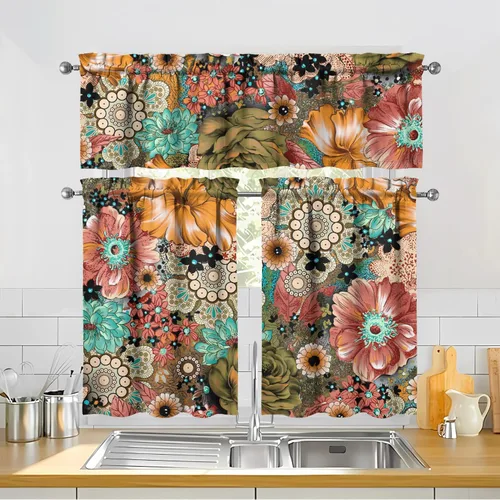 Vista 3 de Juegos de cortinas bohemias de cocina para ventanas, cortina bohemia con flores, cenefa para ventana de fregadero, juego de 3 piezas, decoración