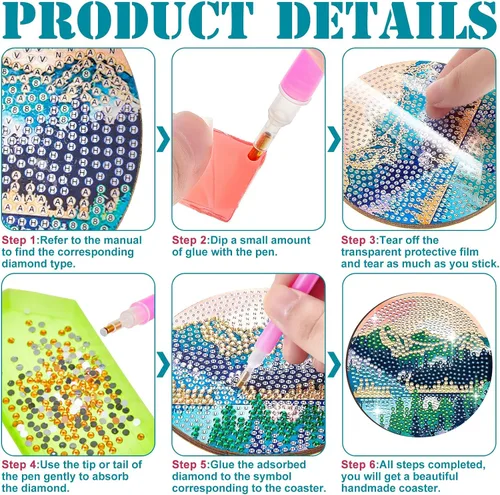 Vista 3 de 8 posavasos de pintura de diamantes para manualidades, paisaje, bricolaje, 5D, kit de pintura de diamante, posavasos brillantes con soporte