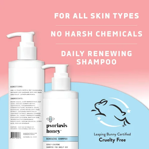 Vista 6 de PSORIASIS HONEY Champú renovador – Tratamiento de piel cabelludo seca y picazón – Champú de psoriasis con aceite de argán para mujeres y hombres