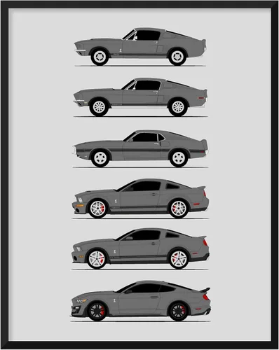 Vista 13 de Custom Car Posters Póster hecho a mano compatible con Shelby Mustang GT500 Generations e impresión de Ford Shelby GT500, azul con rayas blancas
