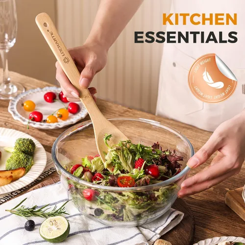Vista 2 de Cucharas de madera para cocinar, juego de utensilios de cocina, 6 cucharas de madera de bambú y espátula utensilios de cocina