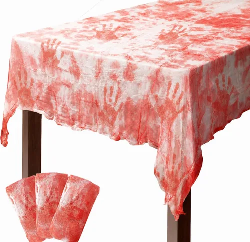 Vista 10 de Mantel de gasa sangrienta para Halloween, 3 piezas, 85 x 60 pulgadas, mantel con estampado de manos sangrientas Mantel rectangular aterrador