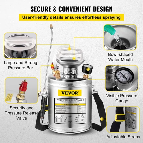Vista 5 de Happybuy Pulverizador de bomba de acero inoxidable de 1 galón, varita de 12 pulgadas y manguera reforzada de 3 pies, medidor de presión, válvula