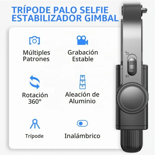 Vista 2 de Estabilizador de cardán para smartphone, con palo selfie retráctil y trípode, control remoto multifunción de 1 eje con rotación automática de 360°