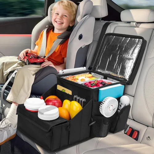 Vista 2 de COOLBEBE Organizador de asiento de automóvil, organizador de asiento trasero de automóvil con portavasos para viajes de niños y adultos, organizador