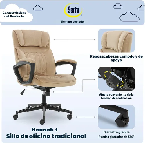 Vista 4 de Serta® Hannah Silla ejecutiva para oficina en casa, ergonómica de respaldo medio con soporte lumbar, cojín de asiento firme, almohadas corporales