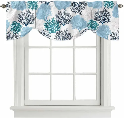 Vista 17 de Cenefa de amarre para ventanas, cortinas náuticas costeras de coral, cenefas con bolsillo para barra, cortinas de ventana con temática de playa