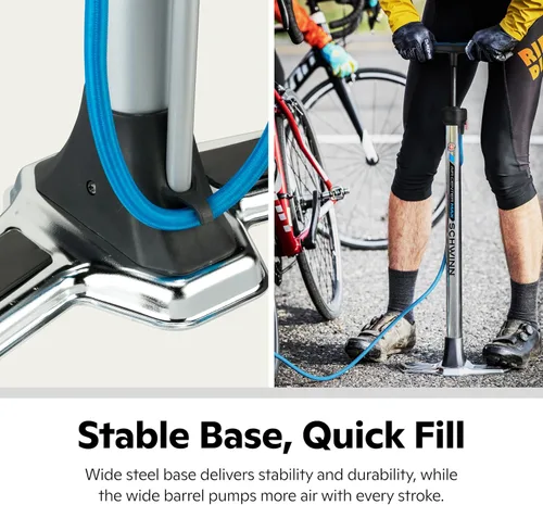 Vista 10 de Schwinn Serie Air Center o bomba de piso básica, para una gama de bicicletas, 100, 120 o 160 PSI, mango de agarre suave, cabezal doble para válvulas