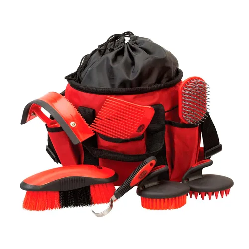 Vista 7 de Kit de aseo para caballos de cuero Weaver, juego de cepillos de 7 piezas con bolsa organizadora, cuidado equino, equipo de habitación para pistas