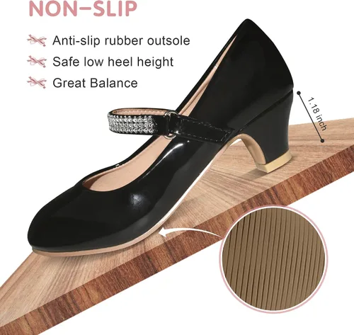 Vista 2 de BESSIVIC Zapatos de vestir para niñas, zapatos Mary Jane para niñas con tacón bajo, zapatos planos de ballet de flores de princesa para bodas