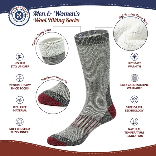 Vista 3 de Buttons & Pleats Wool Socks for Men & Women Merino Thermal Warm Cozy Winter Boot Sock