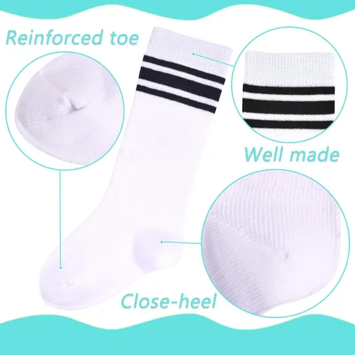 Vista 4 de LO SHOKIM Calcetines altos hasta la rodilla para niños, calcetines de fútbol para niñas, tres rayas sobre la pantorrilla, uniforme escolar, medias