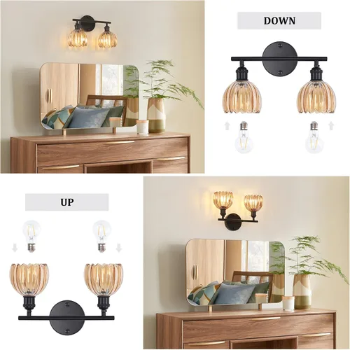 Vista 231 de Shenmoyl Lámparas de baño, lámpara de pared de 2 luces para tocador sobre espejo con pantalla de vidrio tulipán blanco para dormitorio, sala
