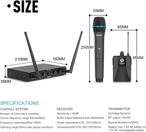 Vista 8 de Debra Audio Pro UHF Sistema de micrófono inalámbrico de 4 canales con micrófonos de mano, lavalier y diadema inalámbricos, receptor de metal, ideal