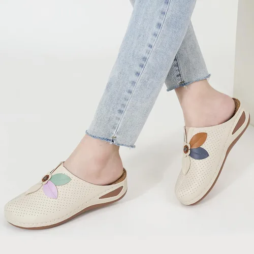 Vista 6 de Ecetana Zuecos para mujer, zapatos sin cordones de cuero, zapatos deportivos casuales de verano, sandalias de cuña cómodas, zuecos de viaje