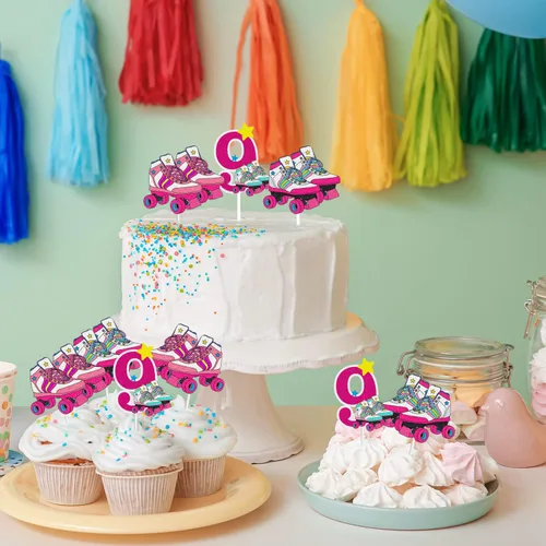 Vista 2 de 18 piezas de decoración de cupcakes de patinaje sobre ruedas para cumpleaños de 9 años, para niñas, patinaje sobre ruedas para fiesta de cumpleaños
