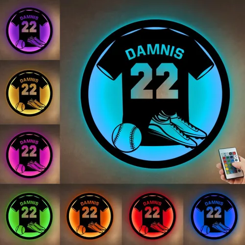 Vista 15 de Letrero de metal de jersey deportivo personalizado con luz LED, nombre y número personalizado, letrero de neón con nombre personalizado, decoración