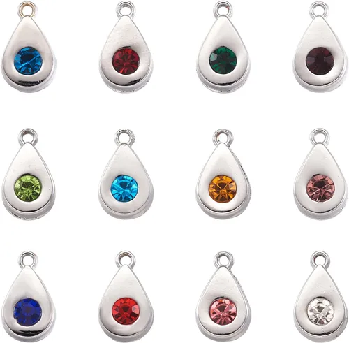 Vista 9 de Cheriswelry 48 piezas de 15 mm de abalorios de aleación de metal de color gris plateado, cristales de strass, dijes planos redondos, dijes de piedra