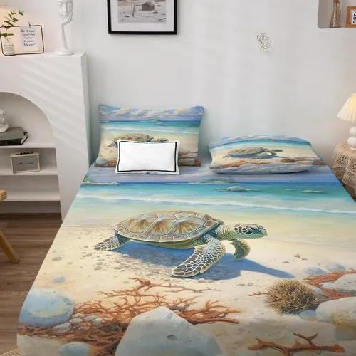 Vista 3 de Sábanas de tortuga marina tamaño Queen – Sábanas de microfibra suave con bolsillo profundo y patrón sin arrugas, 4 piezas