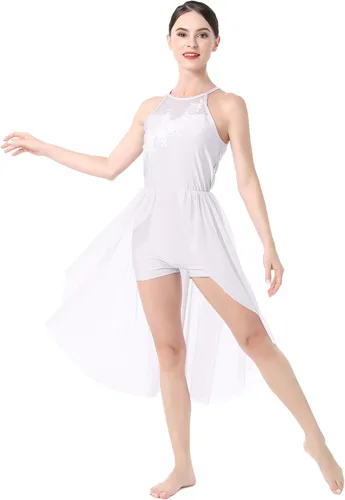 Vista 7 de Vestido de baile lírico para mujer, diseño de flor halter, disfraz de baile contemporáneo, vestido de ballet para adultos
