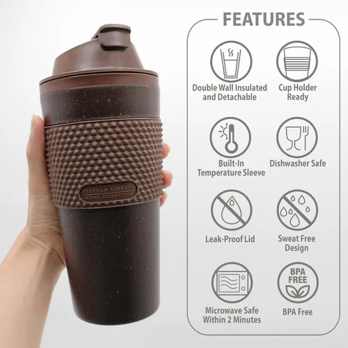 Vista 2 de Juego de Vasos Térmicos para Café de 16 onzas, Paquete de 2, Fabricado con Posos de Café Reales, Pared Doble Desmontable y Aislante, Listo