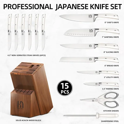 Vista 5 de KnifeSaga Juego de cuchillos de cocina de alta calidad, acero inoxidable japonés de alto carbono, 15 piezas, juego de bloques de cuchillos ultra