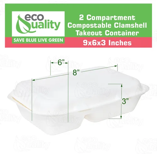 Vista 3 de Compostable 2 compartimentos rectangulares con bisagras Clamshell Take Out Contenedores de alimentos 9x6x3,Calidad resistente desechable para llevar