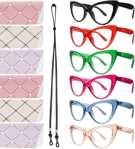 Vista 8 de Pack de 6 gafas de moda de ojo de gato para mujer con bloqueo de luz azul, bisagras de resorte extra grandes, lentes para computadora