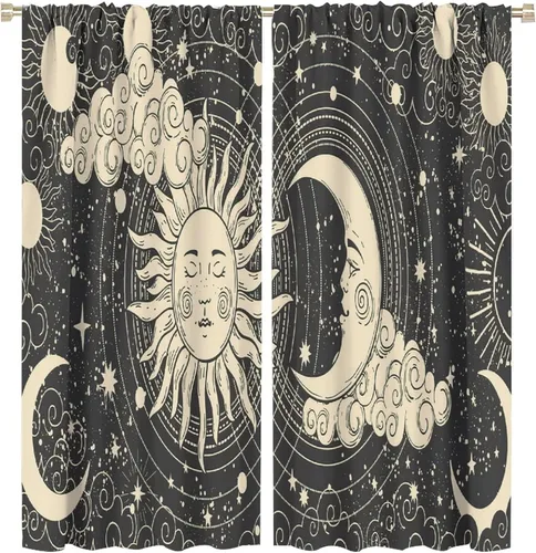 Vista 97 de Cortinas opacas con diseño de sol y luna, cuerpos celestes bohemios, con diseño de sol, luna y estrellas, para sala de estar, dormitorio, 42 x 45