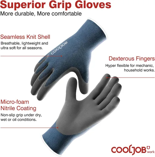 Vista 2 de COOLJOB Guantes de jardinería para hombres, 2 pares de goma transpirable con revestimiento de goma para jardín, paisajismo, trabajo exterior