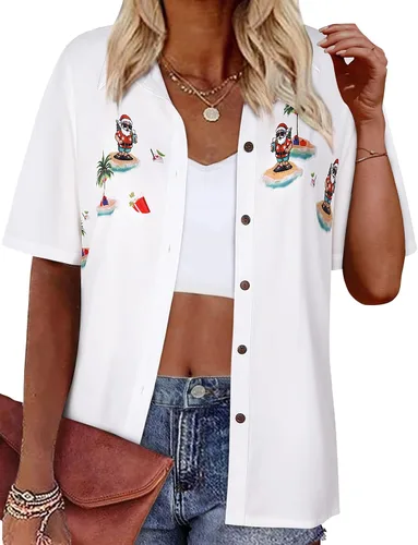 Vista 20 de LILYCHIC Camisas hawaianas de verano con botones de coco para mujer, camisas suaves con botones de manga corta A-hoja floral negra