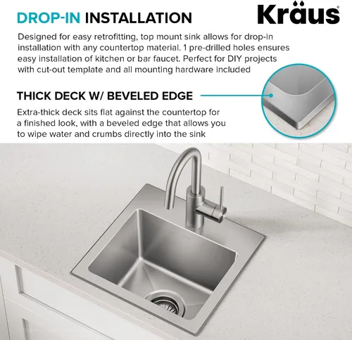Vista 7 de KRAUS Fairlane KHT631-15 - Fregadero de cocina o bar, 15 pulgadas, montaje directo/superior, cuenco individual, de acero inoxidable de calibre 18