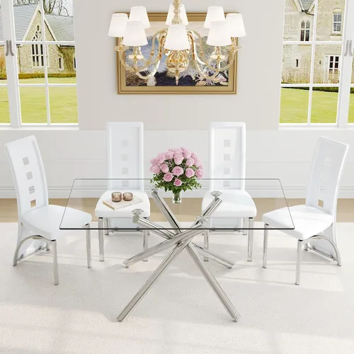Vista 10 de Juego de mesa de comedor moderna para mesa de comedor negra de 4,63 pulgadas, juego de 4 con patas de metal dorado, mesa de cocina rectangular