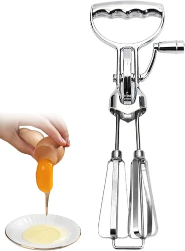 Vista 3 de Batidora de mano manual, batidor de huevos de manivela de acero inoxidable, batidor de huevos giratorio de doble cabezal con manivela, herramienta