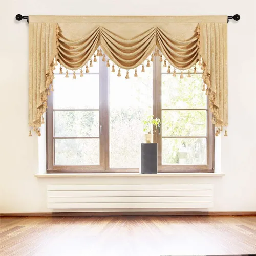 Vista 48 de ELKCA Cenefa de cortina de felpilla beige para ventana de sala de estar, cenefa de cascada para dormitorio, bolsillo para barra