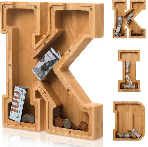 Vista 6 de Alcancía de madera con letras para niños, niñas y adultos, 10 pulgadas, grande, 26 letras, irrompible, caja de dinero, con calcomanía de bricolaje
