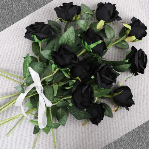 Vista 9 de Hawesome - Ramo de 12 rosas artificiales de seda con tallo largo para decoración del hogar, boda, fiesta (Negro-1)