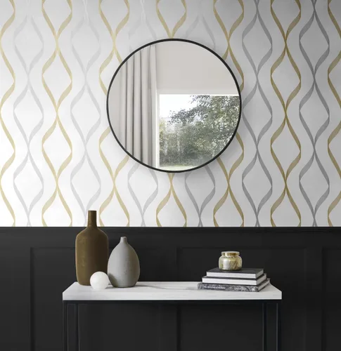 Vista 3 de NextWall Ogee Ribbon - Papel tapiz autoadhesivo (plateado y dorado)
