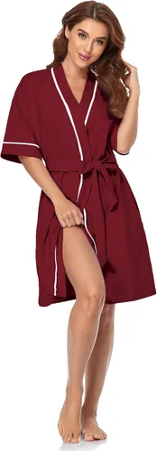 Vista 128 de COLORFULLEAF Bata de baño de manga corta para mujer, 100% algodón, longitud hasta la rodilla, con bolsillos
