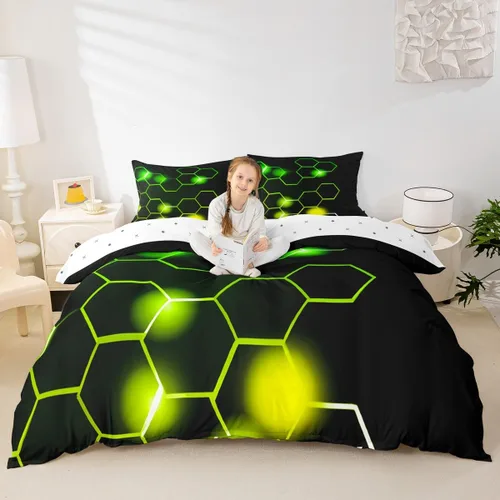 Vista 4 de Feelyou Juego de ropa de cama verde y negro tamaño individual para niños y adolescentes, juego de funda de edredón con temática hexagonal