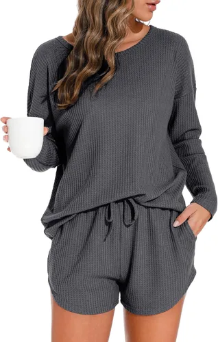Vista 7 de PrinStory Conjunto de pijama para mujer, de punto gofre, tallas S-4XL Negro