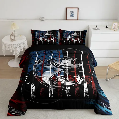 Vista 10 de Erosebridal Juego de ropa de cama de pesca tamaño individual, juego de edredón de peces coloridos para niños, adolescentes, hombres, pescadores