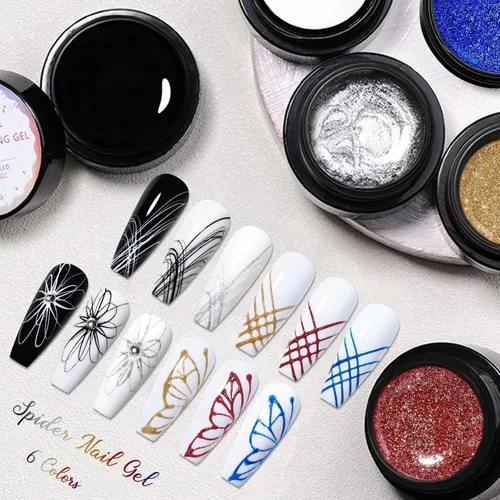 Vista 7 de Gel de araña de dibujo elástico de 6 colores, esmalte de gel UV LED, gel de dibujo para línea, manicura de arte de uñas con pinceles